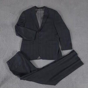 Kenneth Cole 2-Piece Suit Mens 42L Pants 36x31 Gray Plaid Slim Fit Trousers